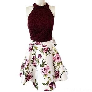 City Vibe Mock Neck Lace-Up Back Lace Top
with Floral Skirt Two-Piece Dress NWT